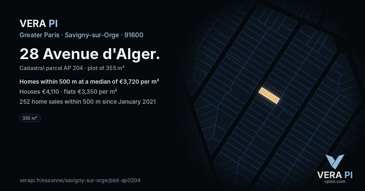 28 Avenue d'Alger, Savigny-sur-Orge at night – the plot lit, the parcels around coloured by the prices near them