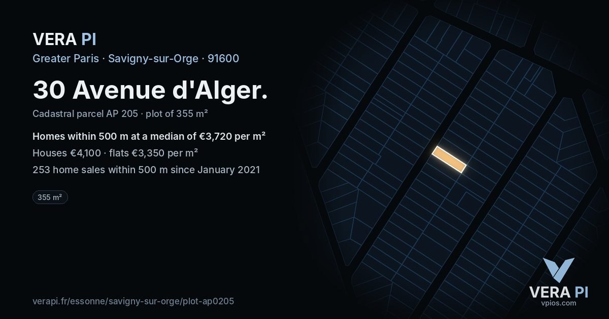 30 Avenue d'Alger, Savigny-sur-Orge at night – the plot lit, the parcels around coloured by the prices near them