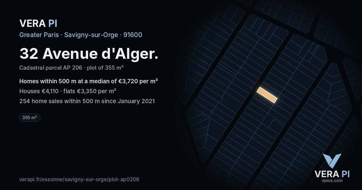 32 Avenue d'Alger, Savigny-sur-Orge at night – the plot lit, the parcels around coloured by the prices near them