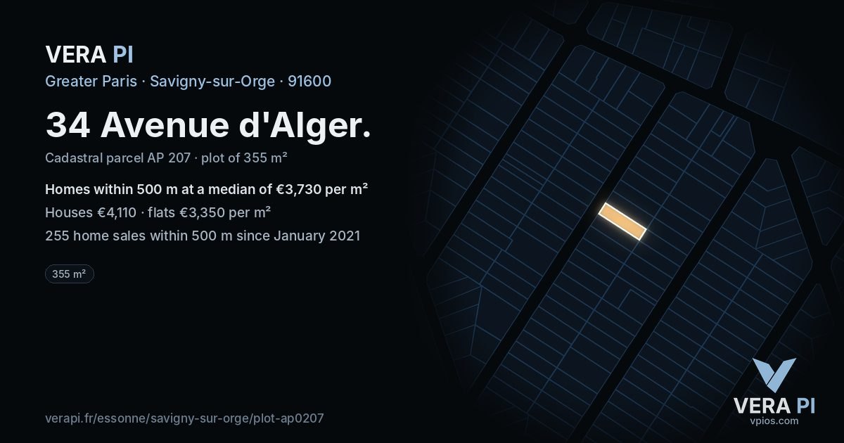 34 Avenue d'Alger, Savigny-sur-Orge at night – the plot lit, the parcels around coloured by the prices near them