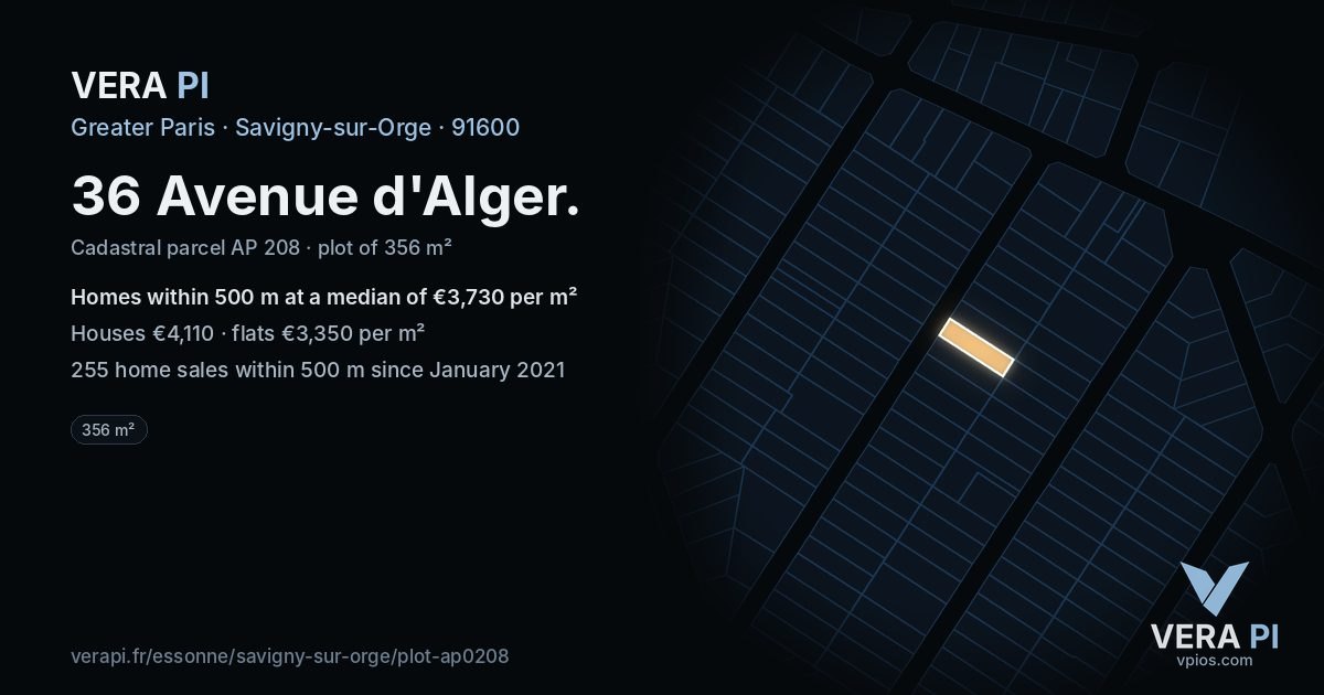 36 Avenue d'Alger, Savigny-sur-Orge at night – the plot lit, the parcels around coloured by the prices near them