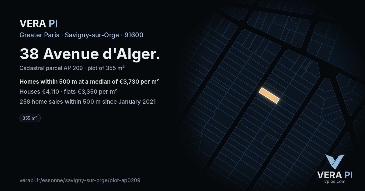 38 Avenue d'Alger, Savigny-sur-Orge at night – the plot lit, the parcels around coloured by the prices near them