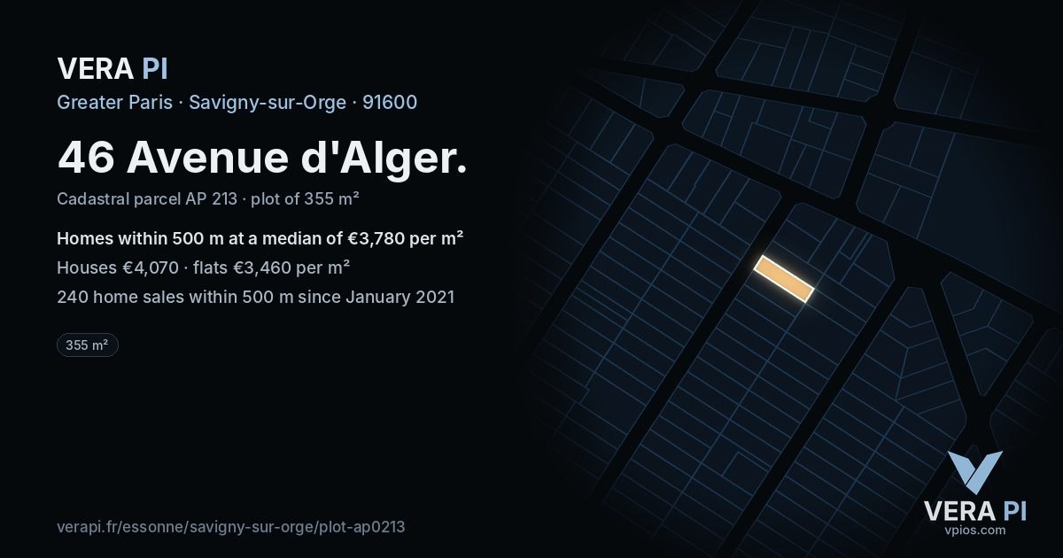 46 Avenue d'Alger, Savigny-sur-Orge at night – the plot lit, the parcels around coloured by the prices near them