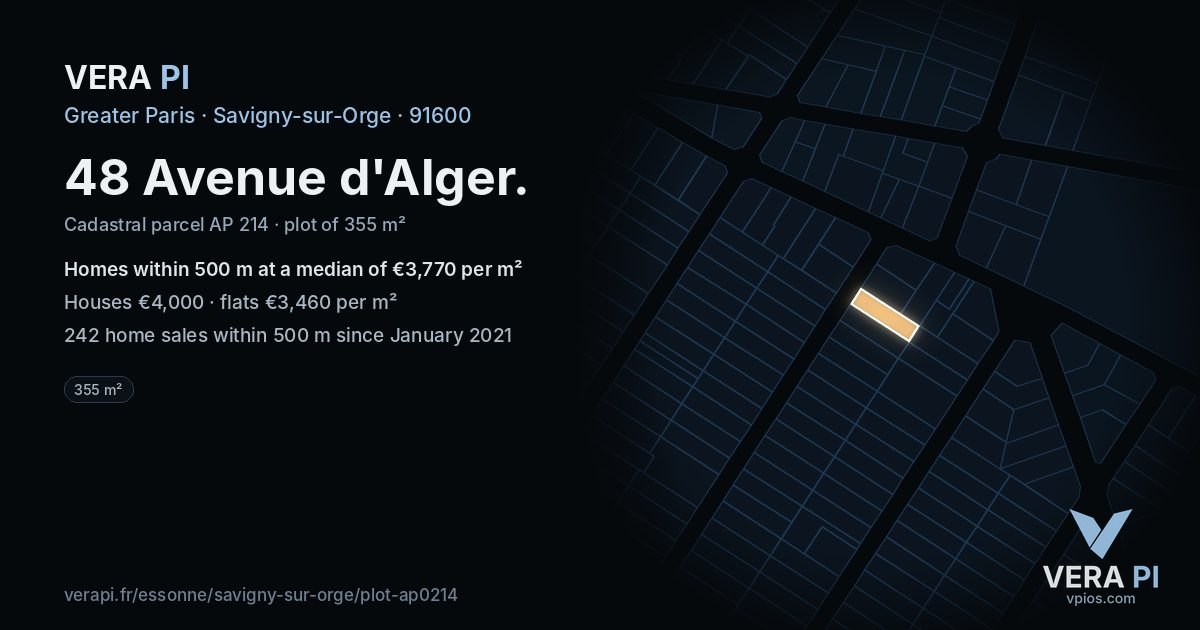 48 Avenue d'Alger, Savigny-sur-Orge at night – the plot lit, the parcels around coloured by the prices near them