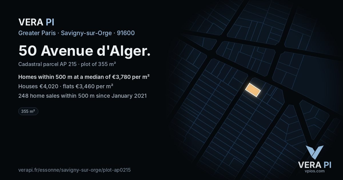 50 Avenue d'Alger, Savigny-sur-Orge at night – the plot lit, the parcels around coloured by the prices near them