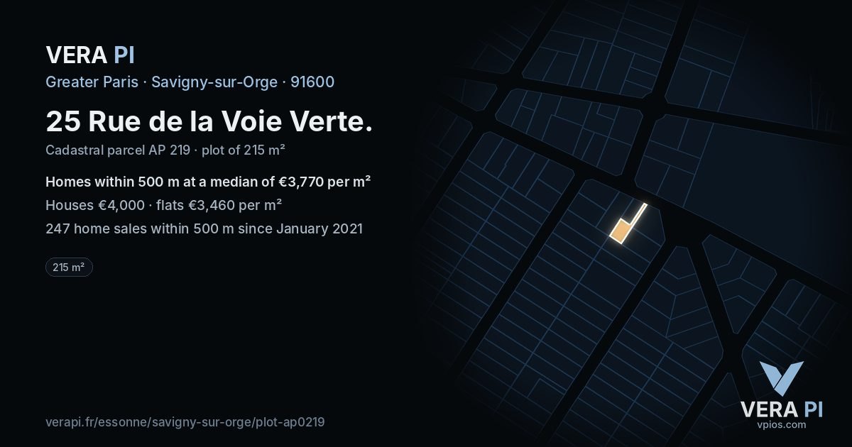 25 Rue de la Voie Verte, Savigny-sur-Orge at night – the plot lit, the parcels around coloured by the prices near them