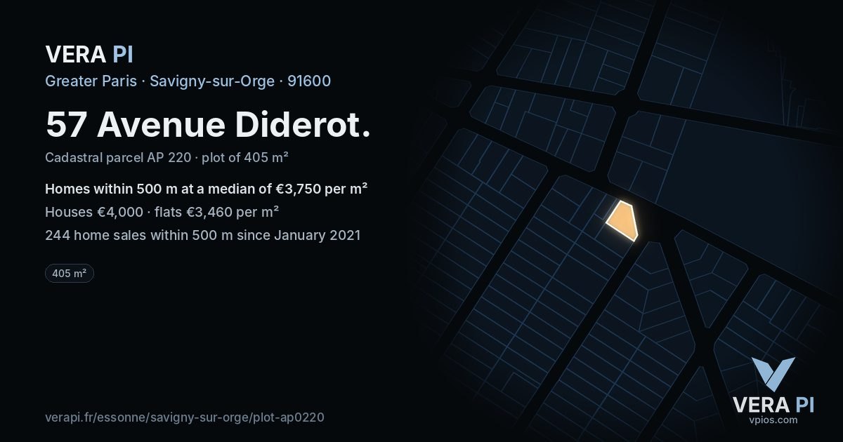 57 Avenue Diderot, Savigny-sur-Orge at night – the plot lit, the parcels around coloured by the prices near them