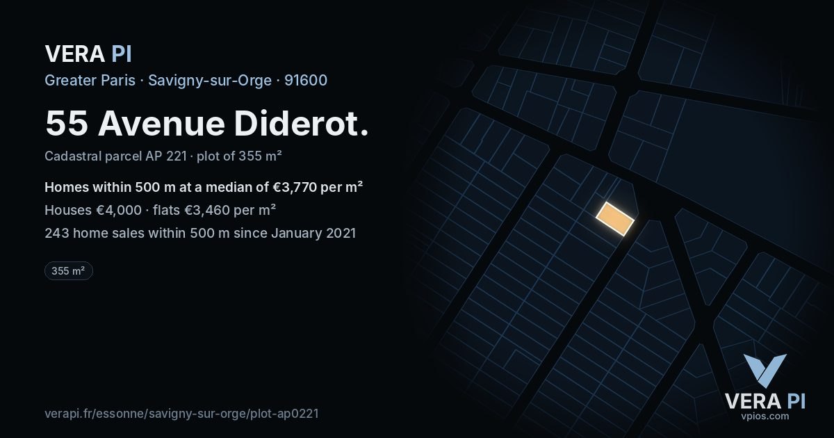 55 Avenue Diderot, Savigny-sur-Orge at night – the plot lit, the parcels around coloured by the prices near them