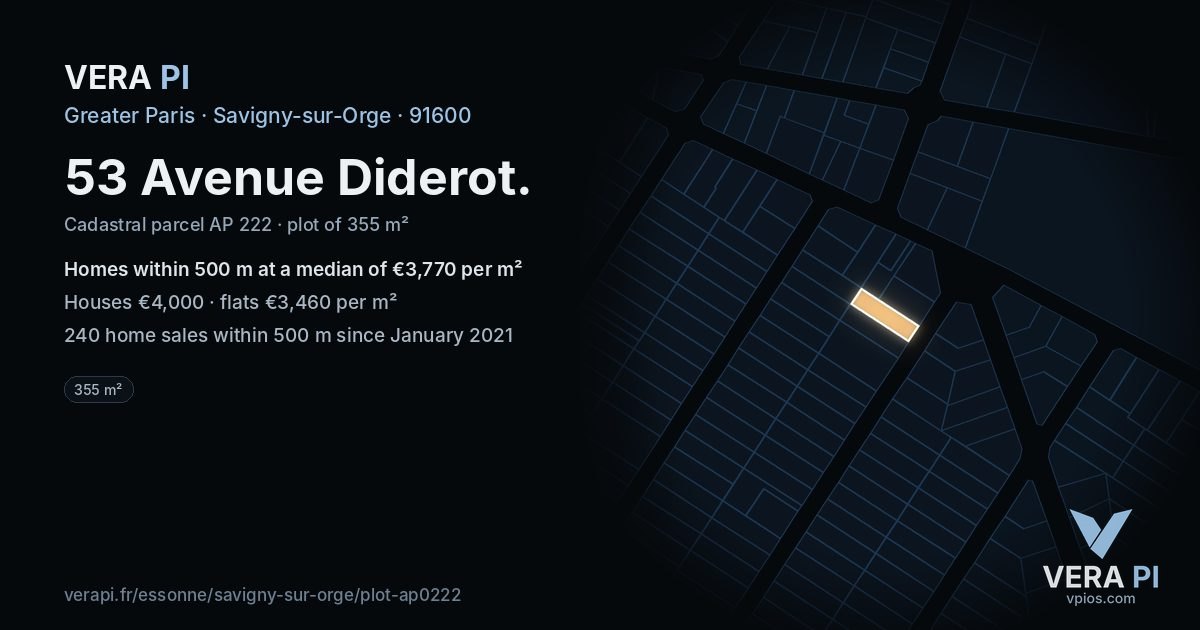 53 Avenue Diderot, Savigny-sur-Orge at night – the plot lit, the parcels around coloured by the prices near them