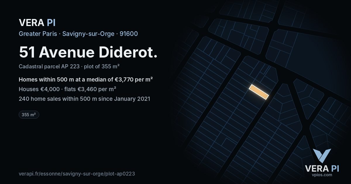 51 Avenue Diderot, Savigny-sur-Orge at night – the plot lit, the parcels around coloured by the prices near them