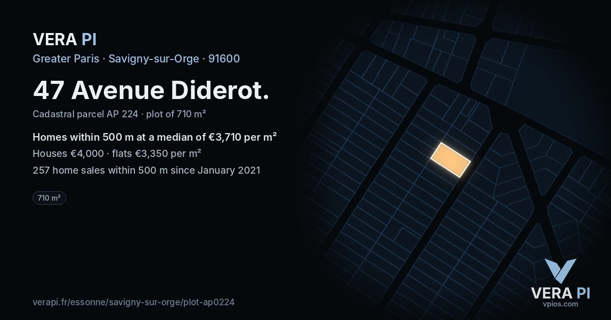 47 Avenue Diderot, Savigny-sur-Orge at night – the plot lit, the parcels around coloured by the prices near them