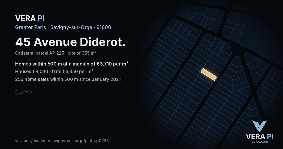 45 Avenue Diderot, Savigny-sur-Orge at night – the plot lit, the parcels around coloured by the prices near them