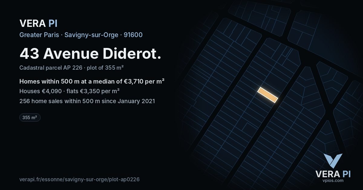 43 Avenue Diderot, Savigny-sur-Orge at night – the plot lit, the parcels around coloured by the prices near them