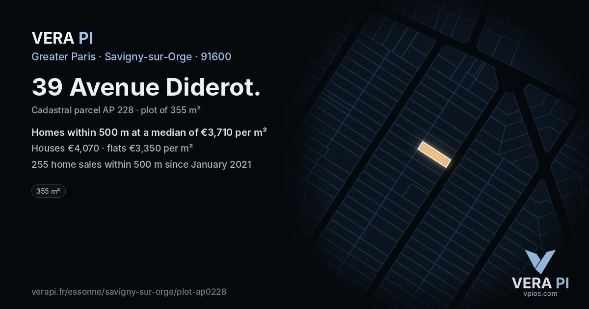 39 Avenue Diderot, Savigny-sur-Orge at night – the plot lit, the parcels around coloured by the prices near them