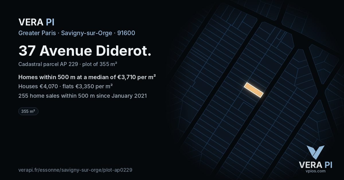 37 Avenue Diderot, Savigny-sur-Orge at night – the plot lit, the parcels around coloured by the prices near them