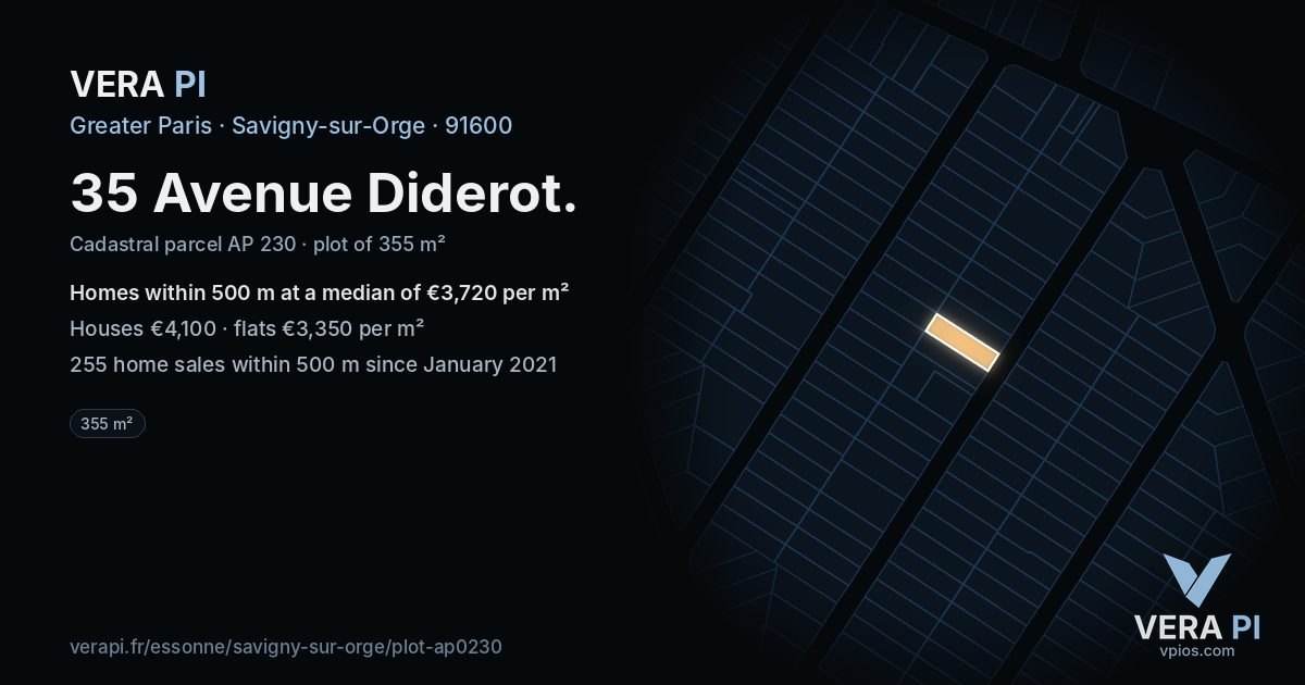 35 Avenue Diderot, Savigny-sur-Orge at night – the plot lit, the parcels around coloured by the prices near them