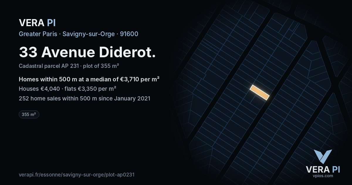 33 Avenue Diderot, Savigny-sur-Orge at night – the plot lit, the parcels around coloured by the prices near them