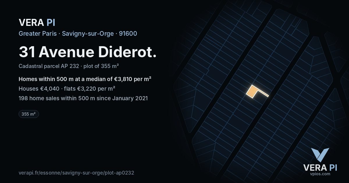 31 Avenue Diderot, Savigny-sur-Orge at night – the plot lit, the parcels around coloured by the prices near them