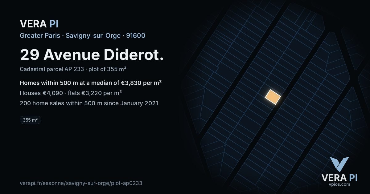 29 Avenue Diderot, Savigny-sur-Orge at night – the plot lit, the parcels around coloured by the prices near them