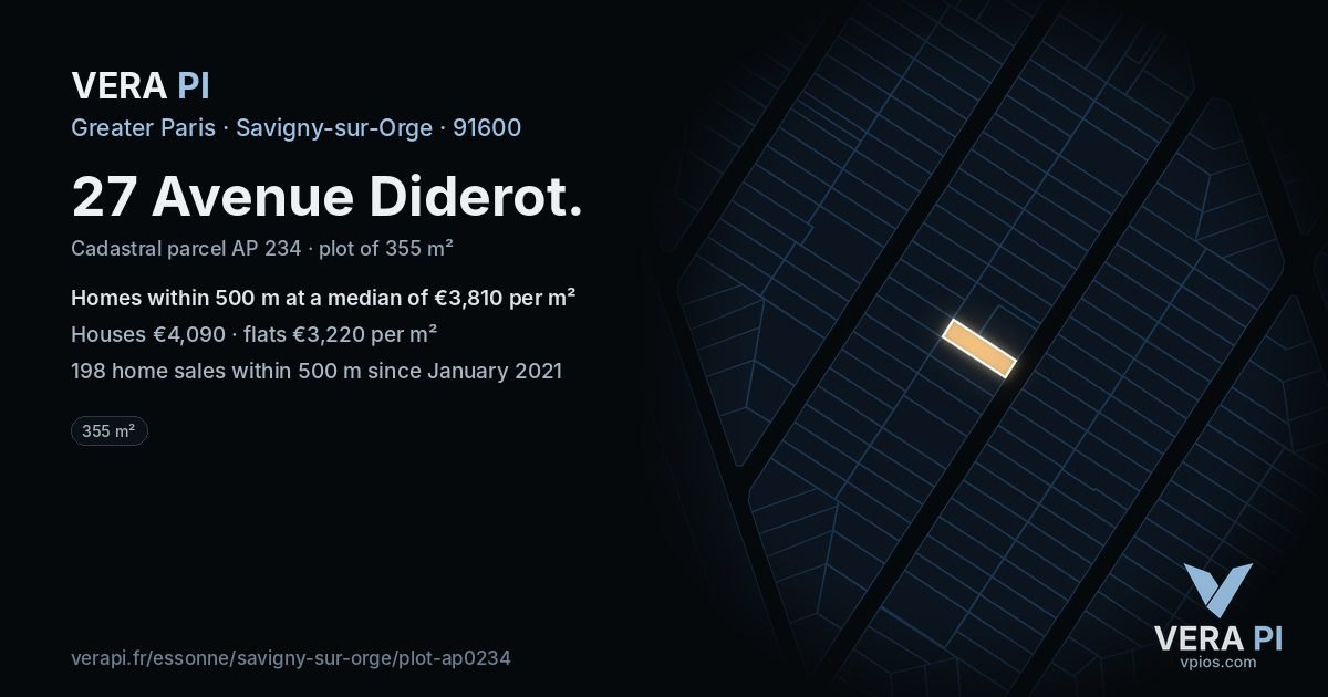 27 Avenue Diderot, Savigny-sur-Orge at night – the plot lit, the parcels around coloured by the prices near them