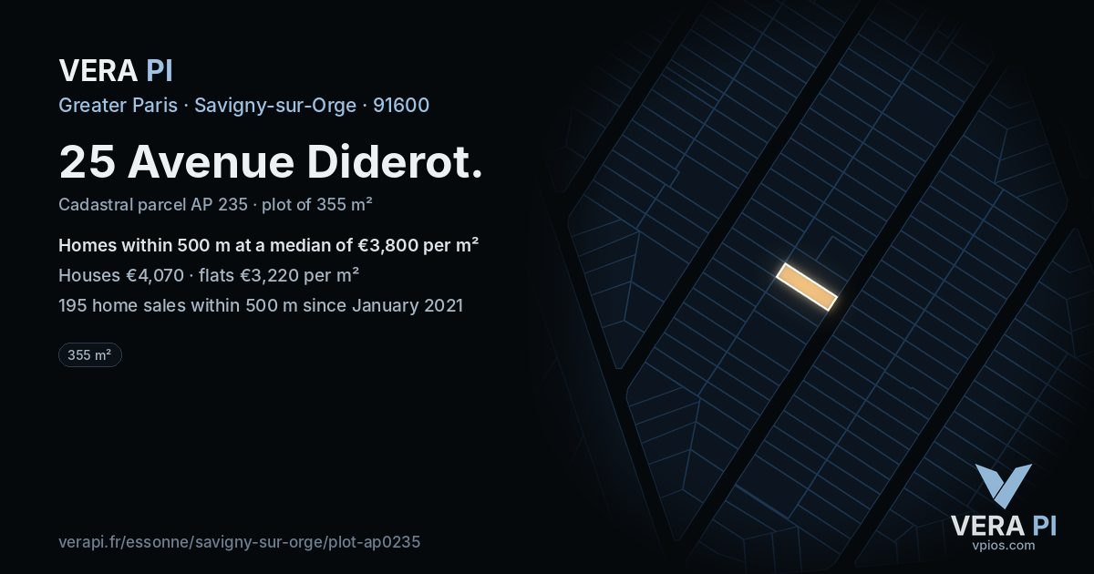 25 Avenue Diderot, Savigny-sur-Orge at night – the plot lit, the parcels around coloured by the prices near them