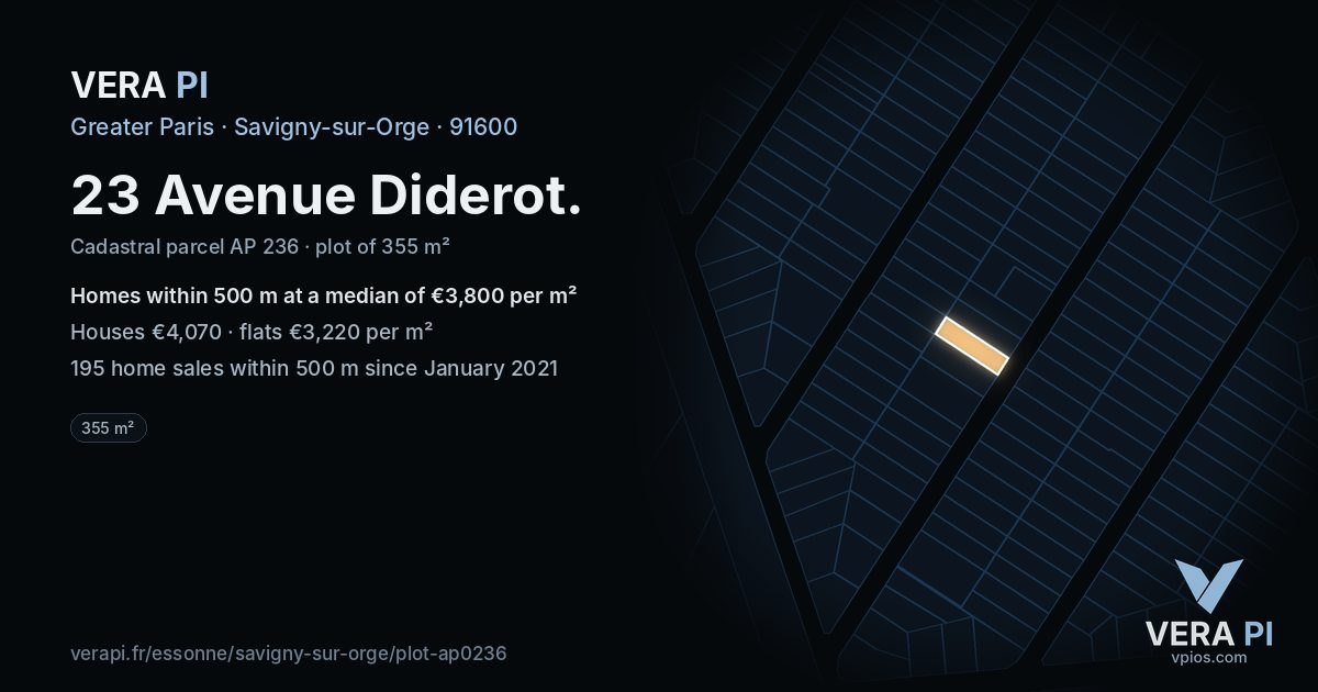 23 Avenue Diderot, Savigny-sur-Orge at night – the plot lit, the parcels around coloured by the prices near them