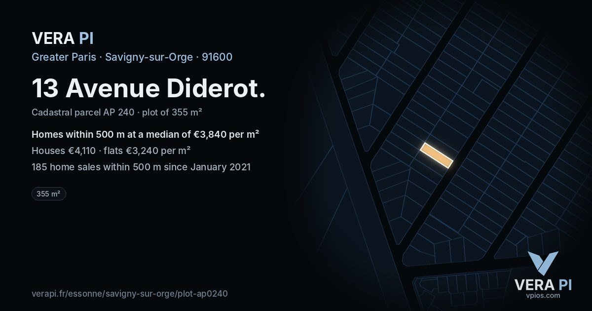 13 Avenue Diderot, Savigny-sur-Orge at night – the plot lit, the parcels around coloured by the prices near them