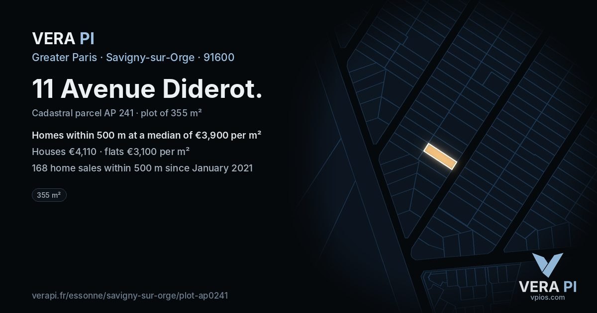 11 Avenue Diderot, Savigny-sur-Orge at night – the plot lit, the parcels around coloured by the prices near them