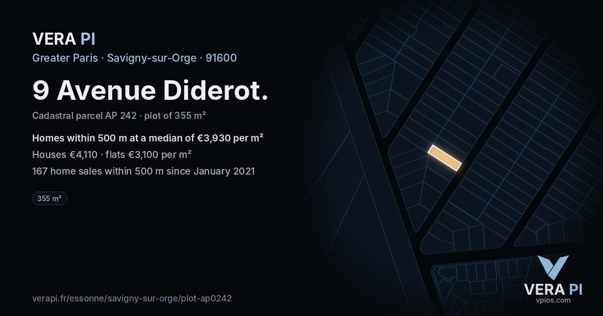 9 Avenue Diderot, Savigny-sur-Orge at night – the plot lit, the parcels around coloured by the prices near them