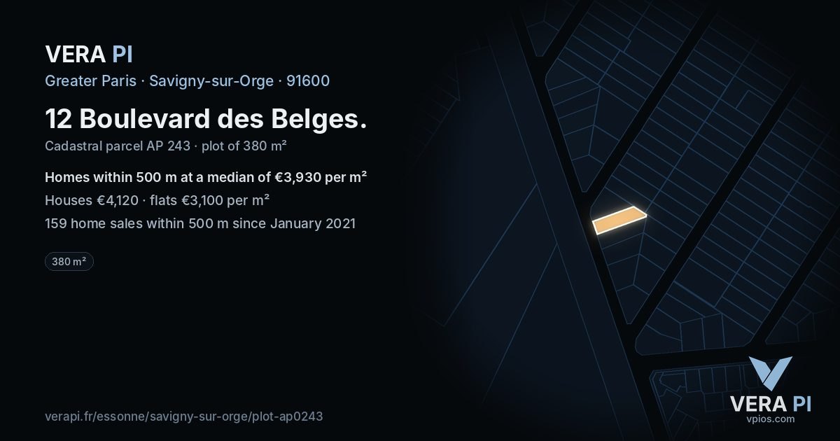 12 Boulevard des Belges, Savigny-sur-Orge at night – the plot lit, the parcels around coloured by the prices near them