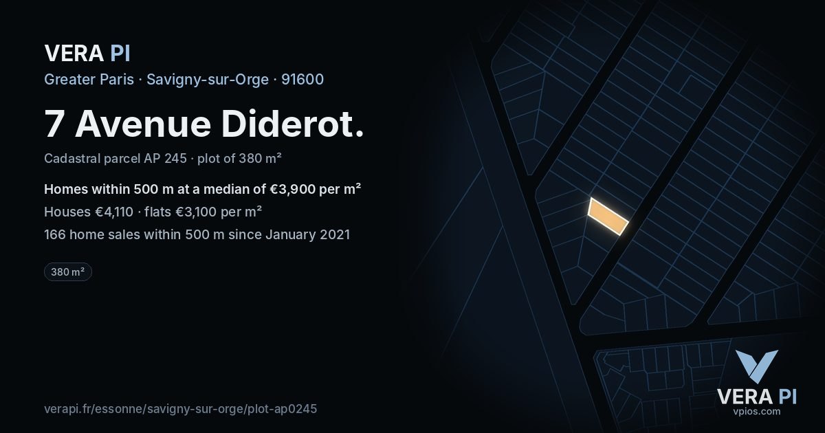 7 Avenue Diderot, Savigny-sur-Orge at night – the plot lit, the parcels around coloured by the prices near them