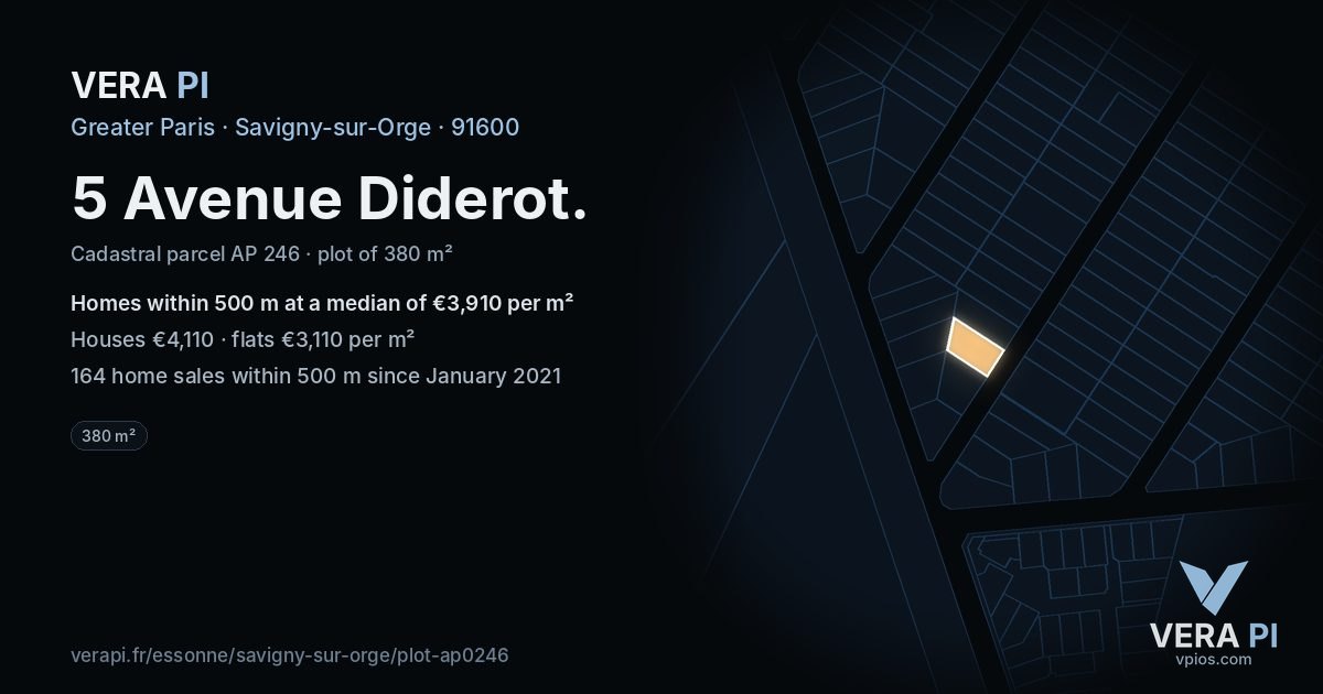 5 Avenue Diderot, Savigny-sur-Orge at night – the plot lit, the parcels around coloured by the prices near them