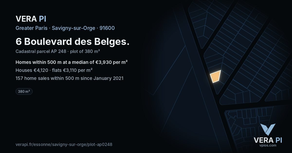 6 Boulevard des Belges, Savigny-sur-Orge at night – the plot lit, the parcels around coloured by the prices near them