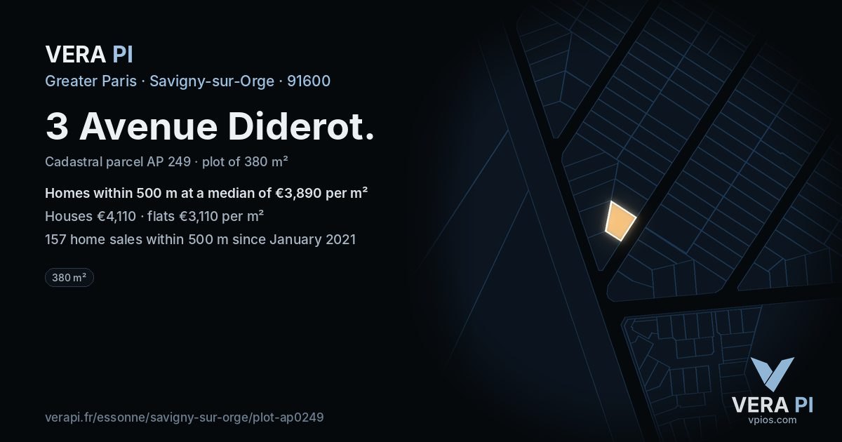 3 Avenue Diderot, Savigny-sur-Orge at night – the plot lit, the parcels around coloured by the prices near them