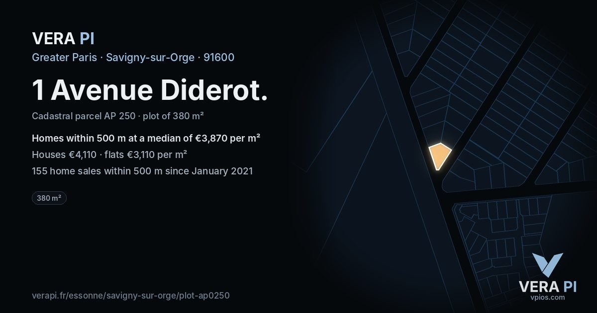 1 Avenue Diderot, Savigny-sur-Orge at night – the plot lit, the parcels around coloured by the prices near them