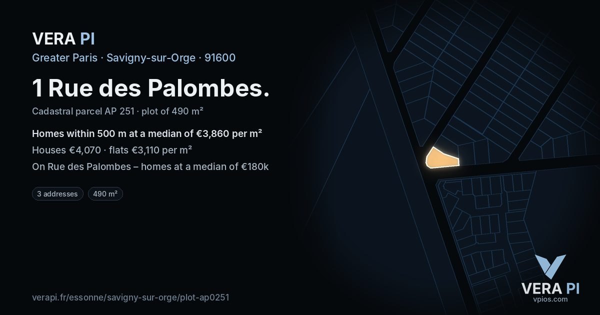 1 Rue des Palombes, Savigny-sur-Orge at night – the plot lit, the parcels around coloured by the prices near them