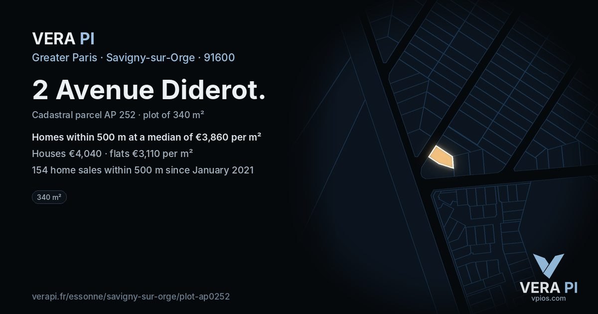 2 Avenue Diderot, Savigny-sur-Orge at night – the plot lit, the parcels around coloured by the prices near them