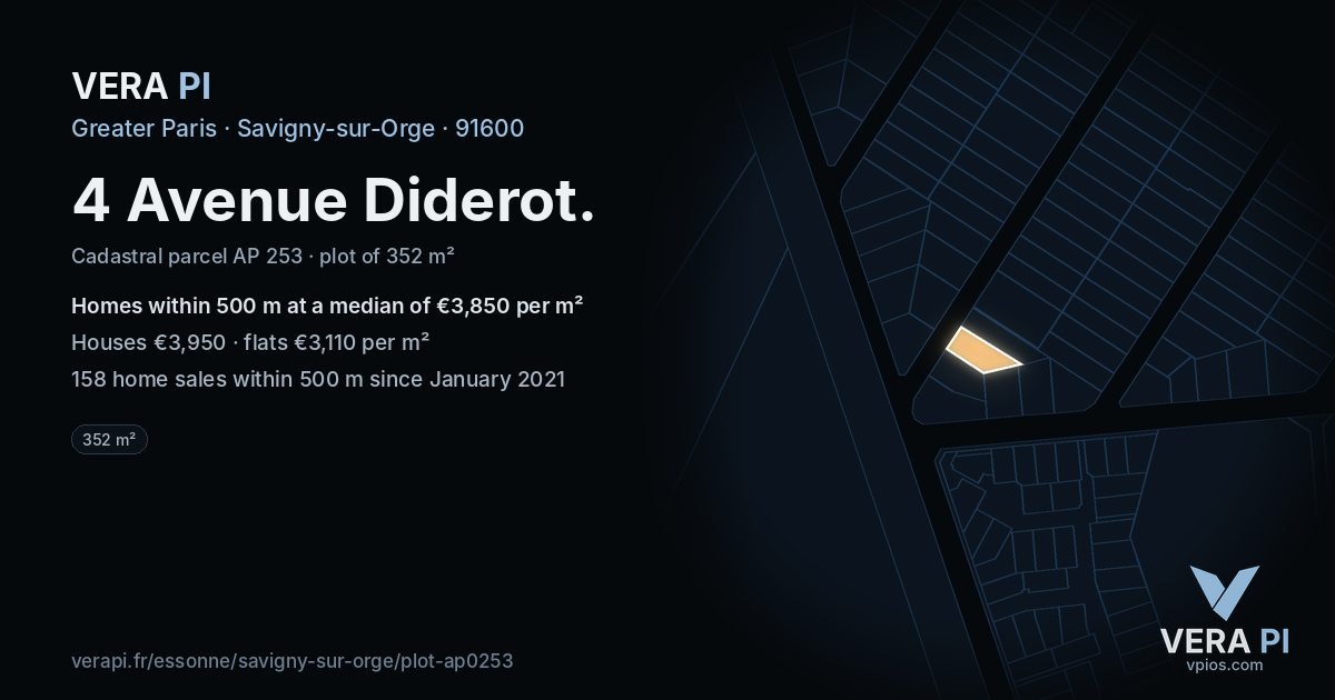 4 Avenue Diderot, Savigny-sur-Orge at night – the plot lit, the parcels around coloured by the prices near them