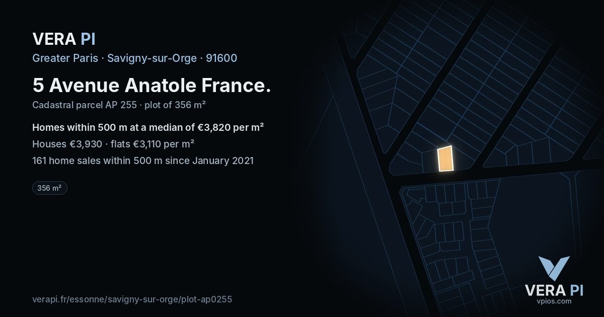5 Avenue Anatole France, Savigny-sur-Orge at night – the plot lit, the parcels around coloured by the prices near them
