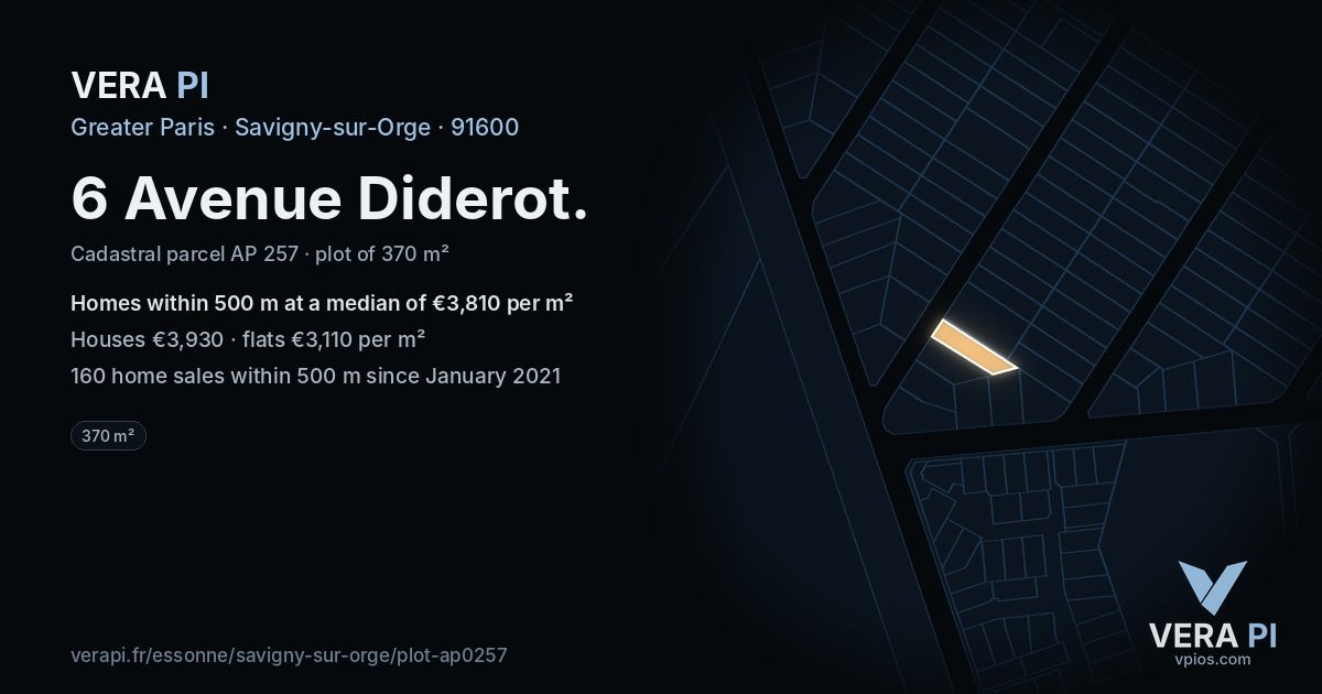 6 Avenue Diderot, Savigny-sur-Orge at night – the plot lit, the parcels around coloured by the prices near them