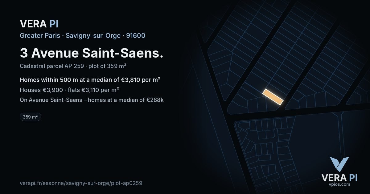 3 Avenue Saint-Saens, Savigny-sur-Orge at night – the plot lit, the parcels around coloured by the prices near them