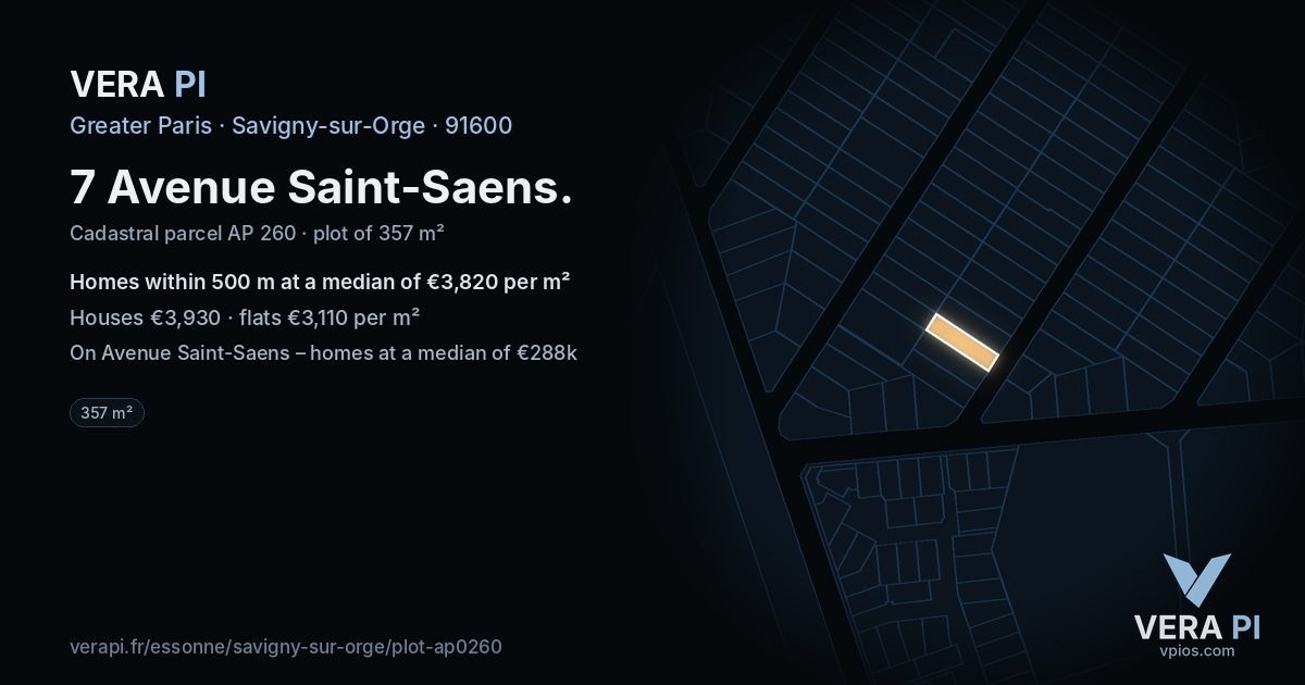7 Avenue Saint-Saens, Savigny-sur-Orge at night – the plot lit, the parcels around coloured by the prices near them