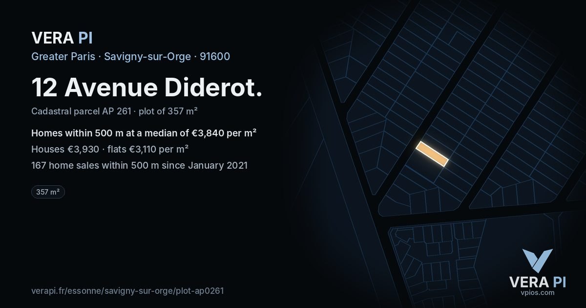 12 Avenue Diderot, Savigny-sur-Orge at night – the plot lit, the parcels around coloured by the prices near them