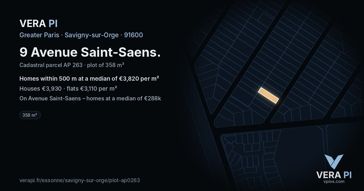 9 Avenue Saint-Saens, Savigny-sur-Orge at night – the plot lit, the parcels around coloured by the prices near them