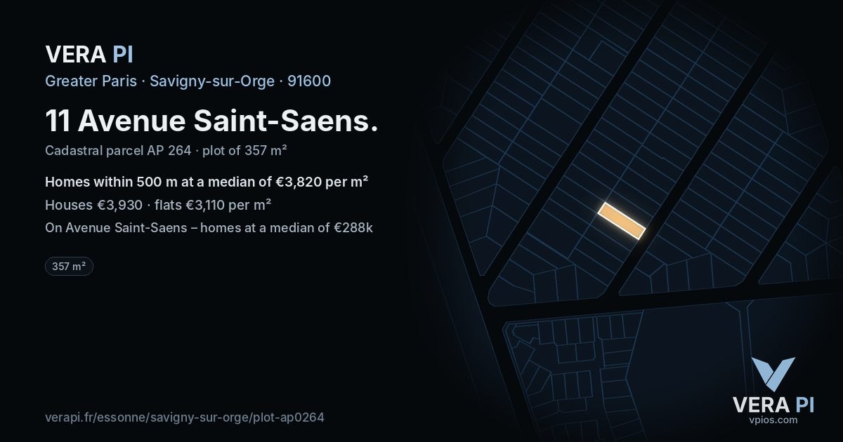 11 Avenue Saint-Saens, Savigny-sur-Orge at night – the plot lit, the parcels around coloured by the prices near them
