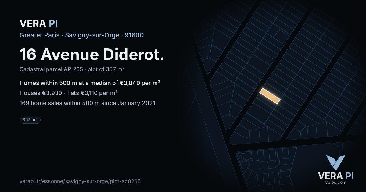 16 Avenue Diderot, Savigny-sur-Orge at night – the plot lit, the parcels around coloured by the prices near them