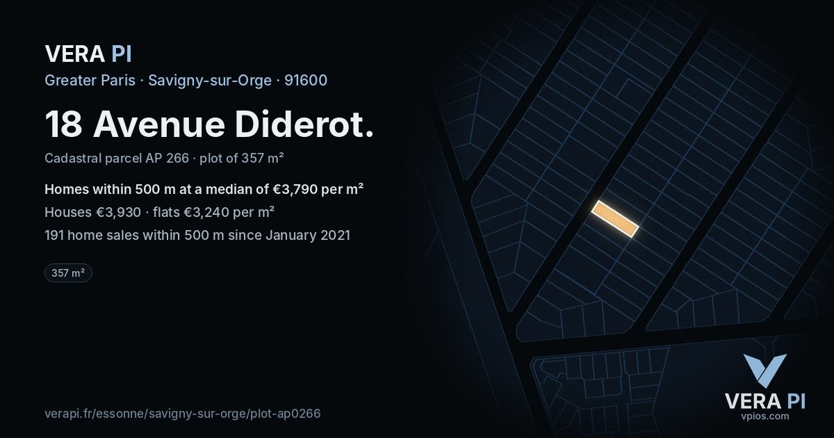 18 Avenue Diderot, Savigny-sur-Orge at night – the plot lit, the parcels around coloured by the prices near them