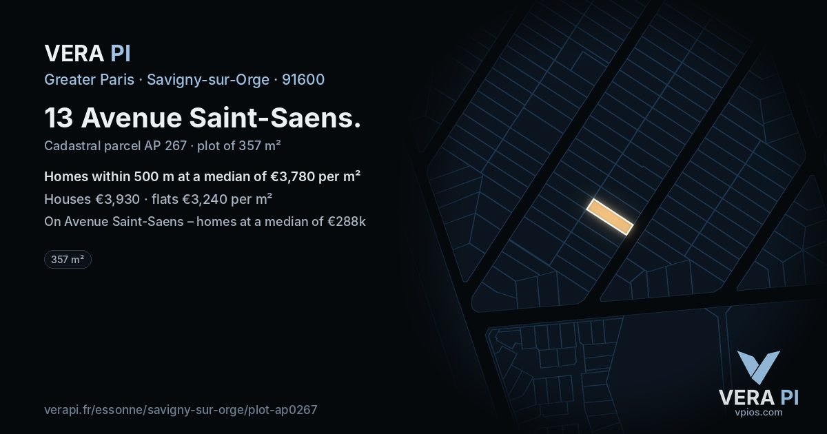 13 Avenue Saint-Saens, Savigny-sur-Orge at night – the plot lit, the parcels around coloured by the prices near them