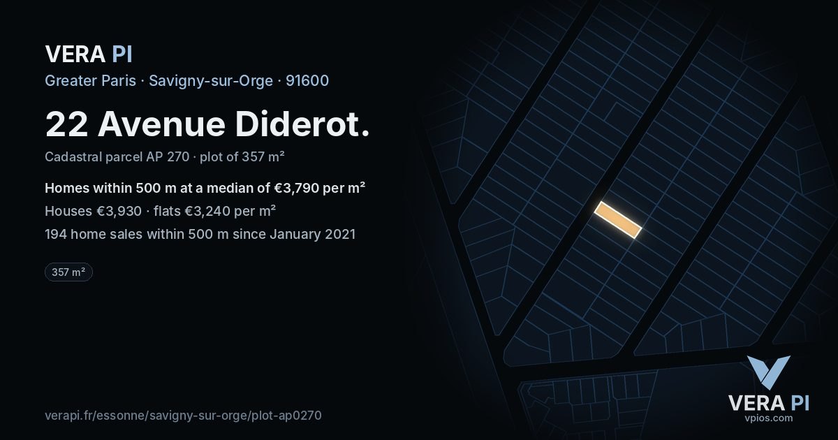 22 Avenue Diderot, Savigny-sur-Orge at night – the plot lit, the parcels around coloured by the prices near them