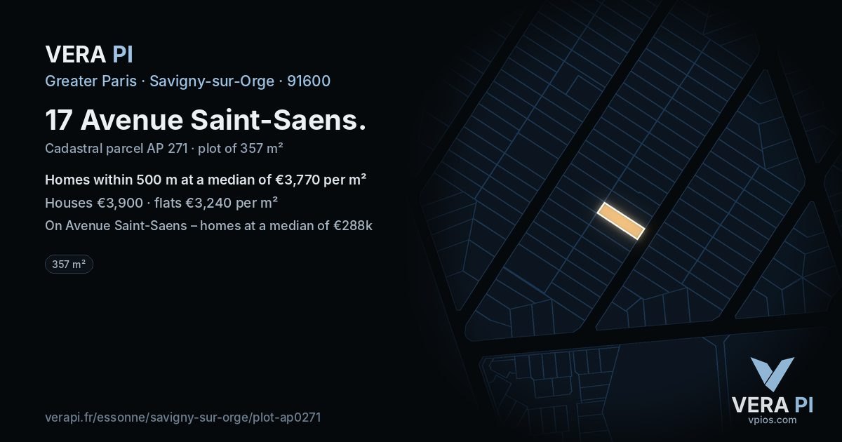 17 Avenue Saint-Saens, Savigny-sur-Orge at night – the plot lit, the parcels around coloured by the prices near them